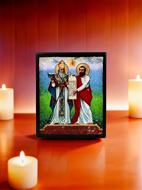 Образ "Святой Саак Партев и Святой Месроп Маштоц"  на деревянной основе