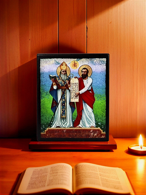 Образ "Святой Саак Партев и Святой Месроп Маштоц"  на деревянной основе